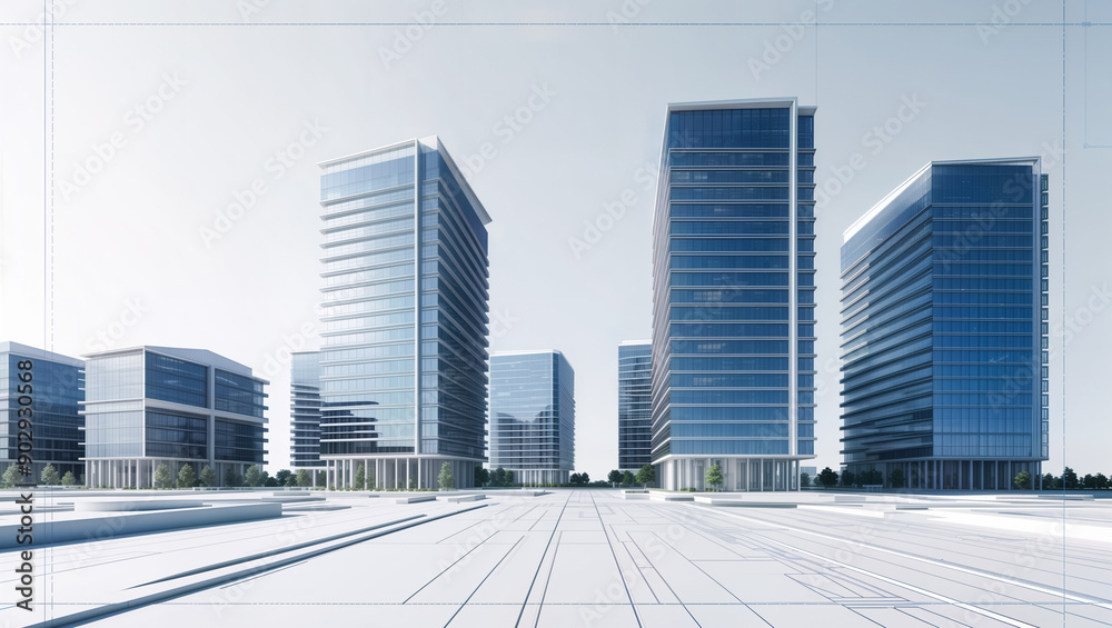 3D visualization of a sleek, modern skyscraper complex with glass and ...