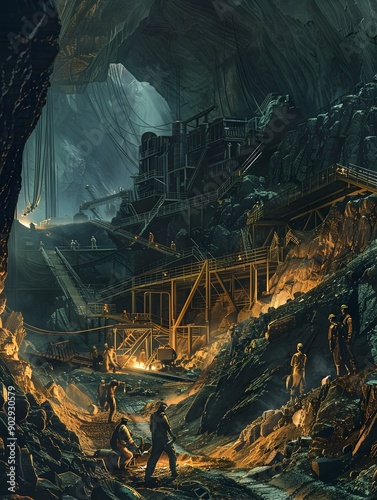 Highly Detailed Digital of Miners Delving into Earth for Precious Minerals and Gemstones