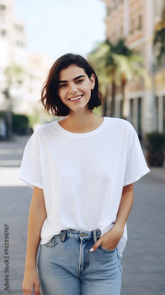 A trendy young woman is wearing a stylish white tshirt outdoors. A girl in casual outfit. Good for mockup A trendy young woman is wearing a stylish white tshirt outdoors. A girl in casual outfit. Good for mockup