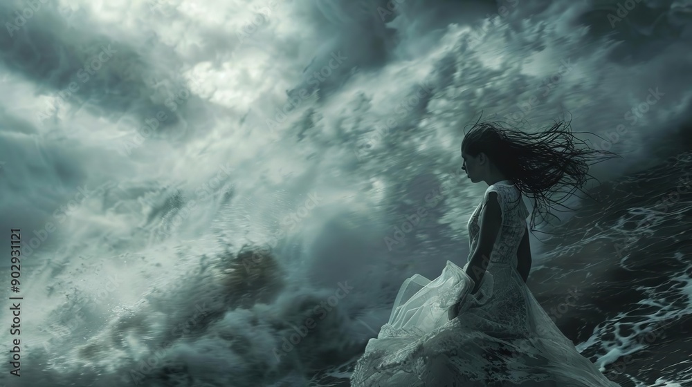 Obraz premium Woman in White Dress Faces Stormy Ocean: A Tale of Strength and Resilience