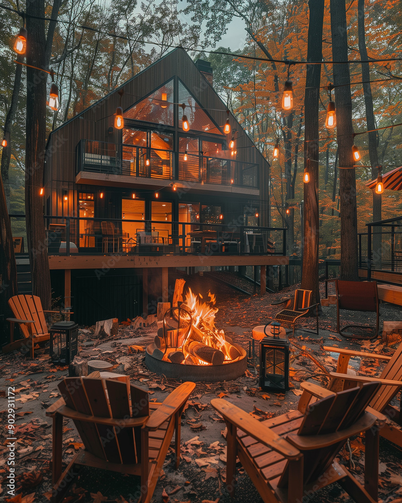 a modern wood house in the forest with a bonfire a modern wood house in the forest with a bonfire