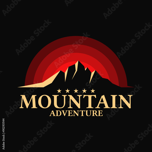 vintage hipster retro classic of sun sunrise sunset rocky mountain logo with red sun and vintage typography, over a black background suitable for branding, travel, camping, apparel, and outdoor brand.