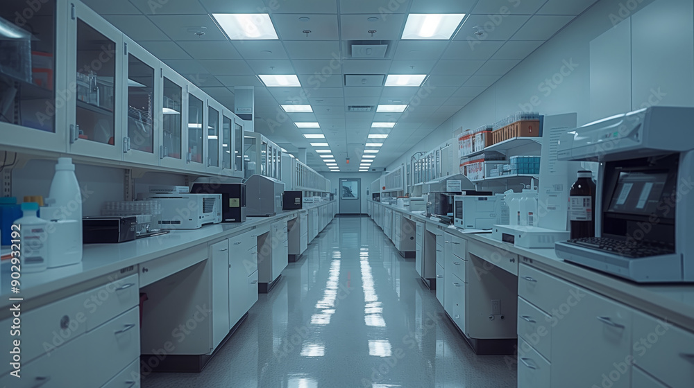 A wide shot of a long, empty laboratory corridor with rows of white countertops and cabinets lining each side. A wide shot of a long, empty laboratory corridor with rows of white countertops and cabinets lining each side.
