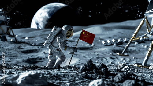 Fototapeta Naklejka Na Ścianę i Meble -  Close-up and focus on an astronaut puts Chinese flag on lunar soil near lunar modules. In the dark sky background the planet Earth.