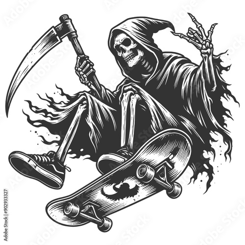 Grim Reaper riding a skateboard holding a scythe, dark themes with skate culture sketch engraving generative ai fictional character vector illustration. Scratch board imitation. Black and white image.