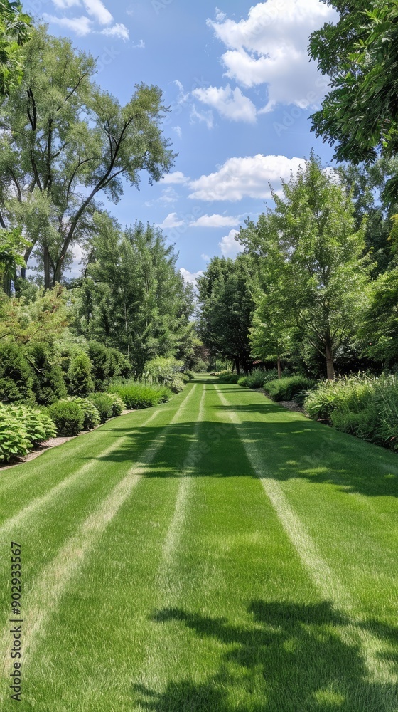 A vibrant green lawn stretches under a clear blue sky adorned with fluffy white clouds, showcasing neatly mowed grass and trees lining the landscape A vibrant green lawn stretches under a clear blue sky adorned with fluffy white clouds, showcasing neatly mowed grass and trees lining the landscape