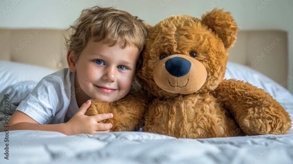 Adorable Child Snuggling with Teddy Bear in Cozy Bed