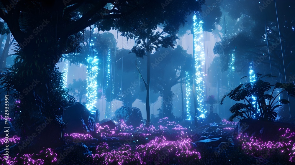 Captivating Cybernetic Wildlife Park with Glowing Plants and Futuristic Concept Captivating Cybernetic Wildlife Park with Glowing Plants and Futuristic Concept