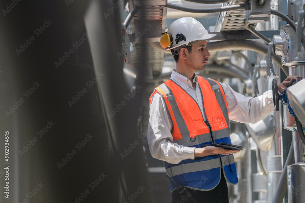 Engineers inspect gas and water pipes for power and cooling in industrial and building systems. workers in safety gear work seriously in oil and gas refining plant with pipes connecting to machinery. Engineers inspect gas and water pipes for power and cooling in industrial and building systems. workers in safety gear work seriously in oil and gas refining plant with pipes connecting to machinery.