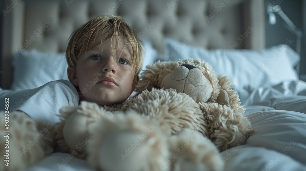 Adorable Child Snuggling with Teddy Bear in Cozy Bed Adorable Child Snuggling with Teddy Bear in Cozy Bed