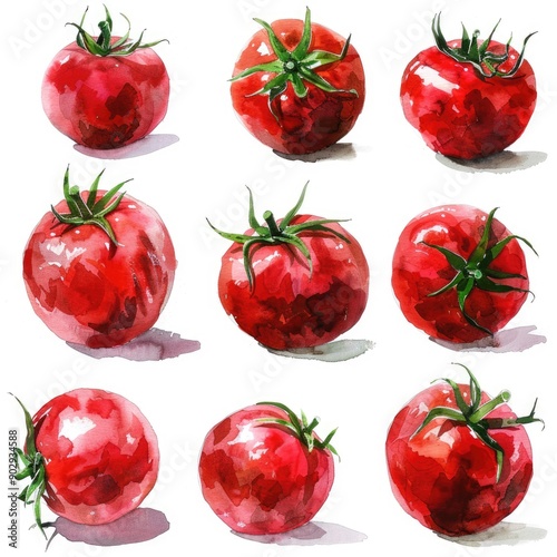 Vibrant Watercolor Tomatoes Collection. Hand-Drawn Ripe Tomatoes for Healthy Italian Cuisine