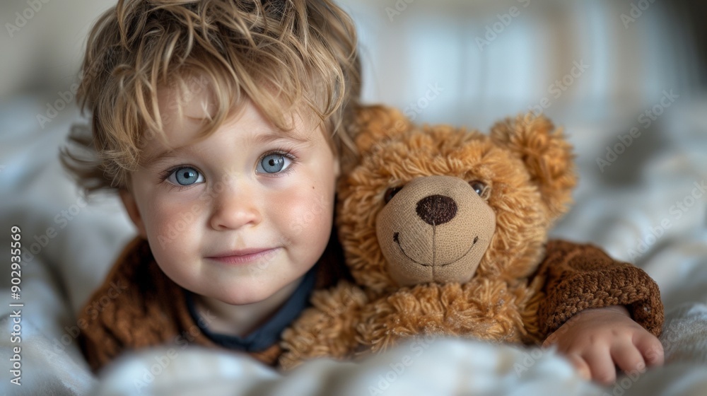 Adorable Child Snuggling with Teddy Bear in Cozy Bed Adorable Child Snuggling with Teddy Bear in Cozy Bed