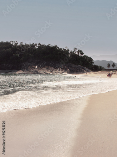 A serene beach landscape with gentle waves under a clear sky