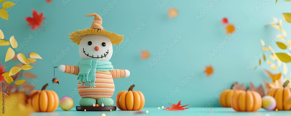 A cheerful scarecrow stands amidst autumn decorations, featuring pumpkins and colorful leaves, symbolizing the fall season. A cheerful scarecrow stands amidst autumn decorations, featuring pumpkins and colorful leaves, symbolizing the fall season.