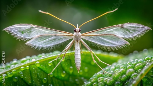 Ephemeral Elegance: A Macro Portrait of a Plume Moth on a Dew-Kissed Leaf  AI generated photo