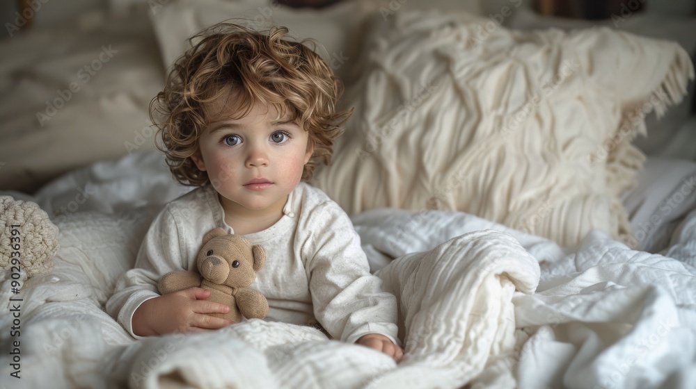 Adorable Child Snuggling with Teddy Bear in Cozy Bed Adorable Child Snuggling with Teddy Bear in Cozy Bed