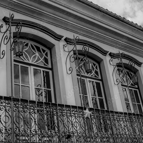 Black and white image of a historic building facade in black gold, Minas Gerais - Brazil.