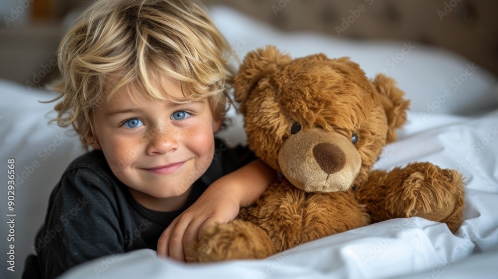 Adorable Child Snuggling with Teddy Bear in Cozy Bed Adorable Child Snuggling with Teddy Bear in Cozy Bed