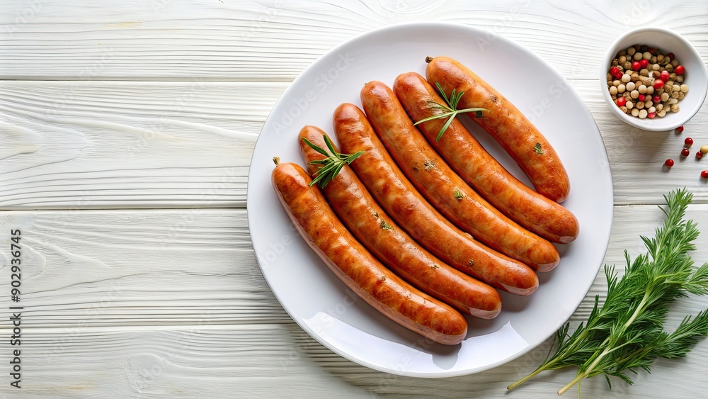 Sausages neatly arranged on a white plate, food, meat, grill, dinner, gourmet, cooking, meal, savory, BBQ Sausages neatly arranged on a white plate, food, meat, grill, dinner, gourmet, cooking, meal, savory, BBQ