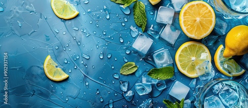 Background showcasing a refreshing summer theme featuring blue detox water fresh slices of lemon and ice cubes with copy space image