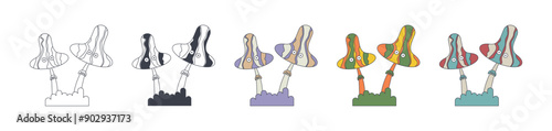 Surrealism set elements. Retro groovy hippie psychedelic mushrooms. Black and white silhouette mushrooms. Colored cartoon mushrooms with eyes. Surreal mushroom with waves. Vector illustration.