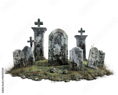 A graveyard with many gravestones and a skull. The graveyard is surrounded by a fence. Scene is eerie and spooky