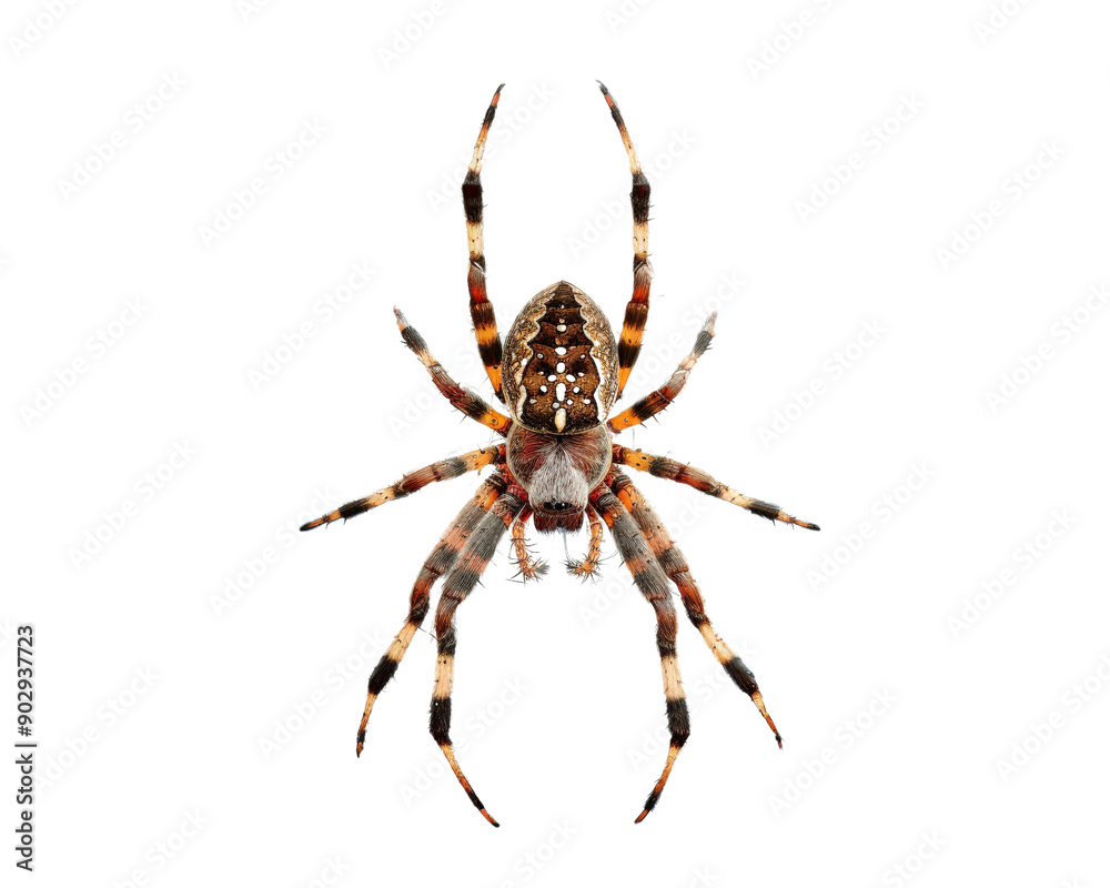 A spider is shown in a white background. The spider is brown and black with white spots. The spider is in the middle of the image and is the main focus A spider is shown in a white background. The spider is brown and black with white spots. The spider is in the middle of the image and is the main focus