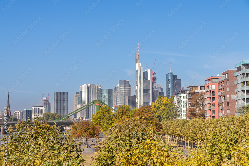 Blick von der Weseler Werft in Frankfurt am Main auf die Skyline, Hessen