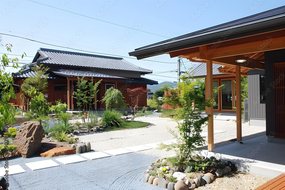Japanese Style Garden With Gravel Pathway And Stone Lanterns Japanese Style Garden With Gravel Pathway And Stone Lanterns