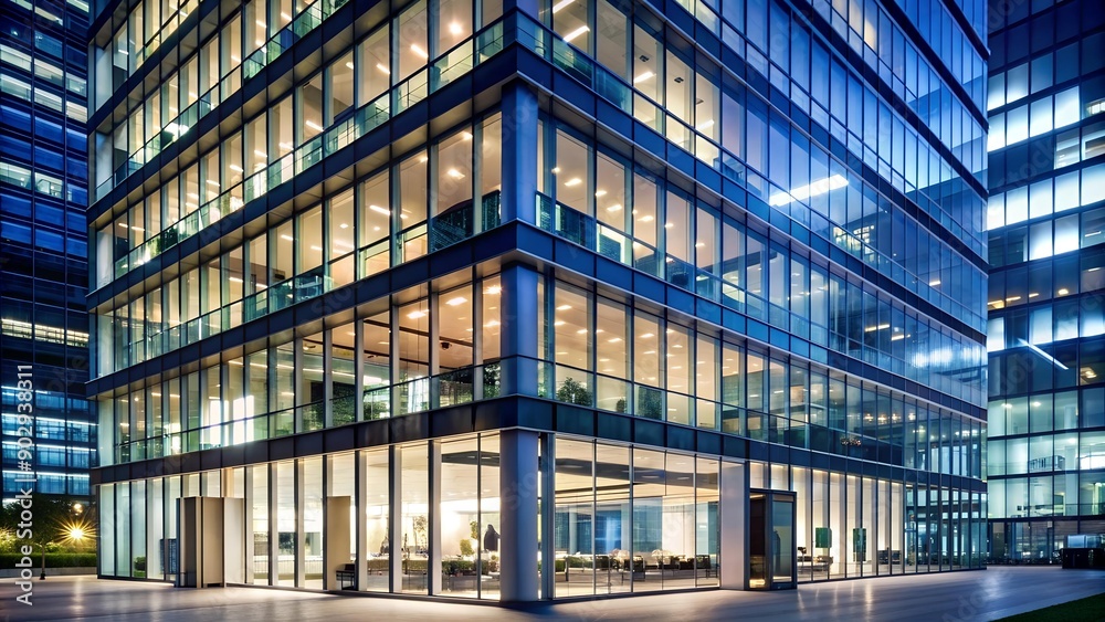 Illuminated Glass Facade: A Modern Office Building at Night Generative AI Illuminated Glass Facade: A Modern Office Building at Night Generative AI