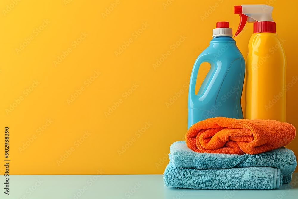 Vibrant Cleaning Supplies Against a Bright Yellow Background Vibrant Cleaning Supplies Against a Bright Yellow Background