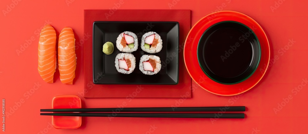 Top down view of a sushi set laid on a red napkin with a black plate chopsticks and soy sauce offering ample copy space for your designs Top down view of a sushi set laid on a red napkin with a black plate chopsticks and soy sauce offering ample copy space for your designs