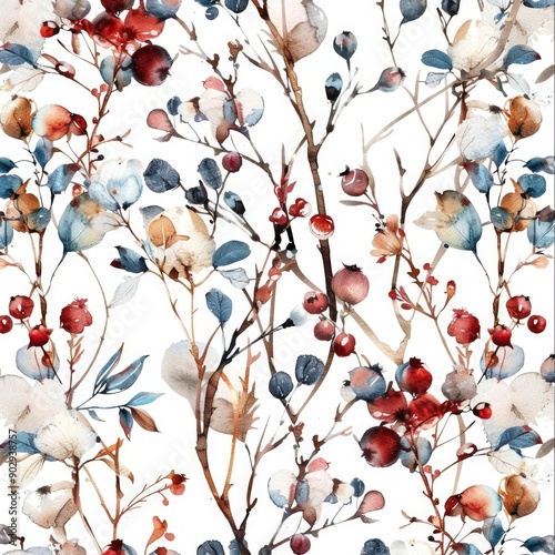 Watercolor Christmas Cotton Celebration. Seamless Floral Pattern for Winter Cosy Decoration