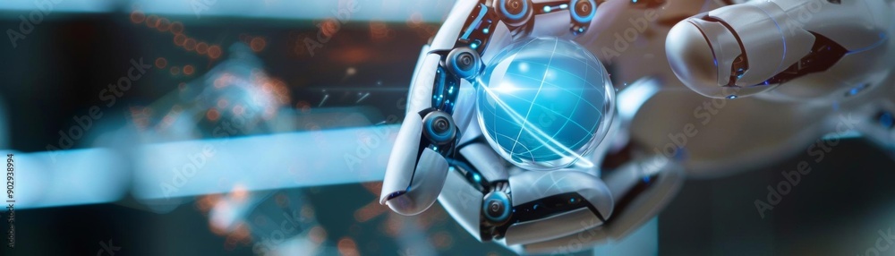 A futuristic robot with glowing blue eyes looks out over a blurry cityscape.