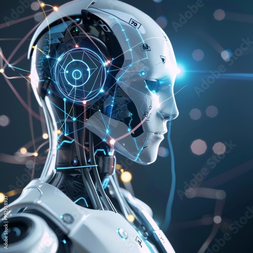 A futuristic robot head with glowing blue eyes and intricate circuitry, representing artificial intelligence and technological advancement. photo