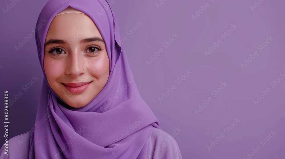 A portrait of a young smiling Muslim woman wearing a purple hijab against a purple background studio with copy space for text