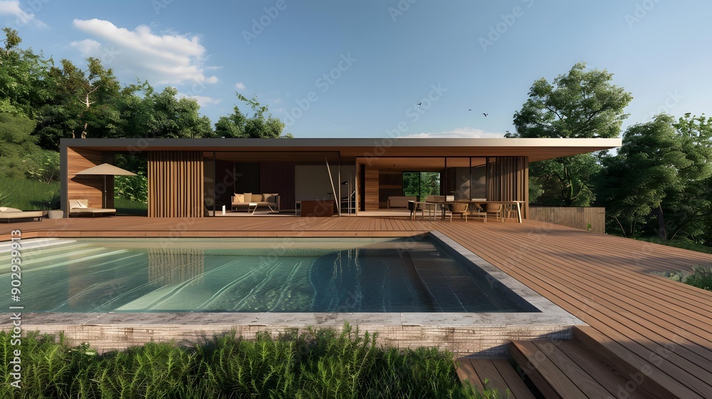 Fototapeta premium Modern Minimalist House with Swimming Pool and Wooden Deck
