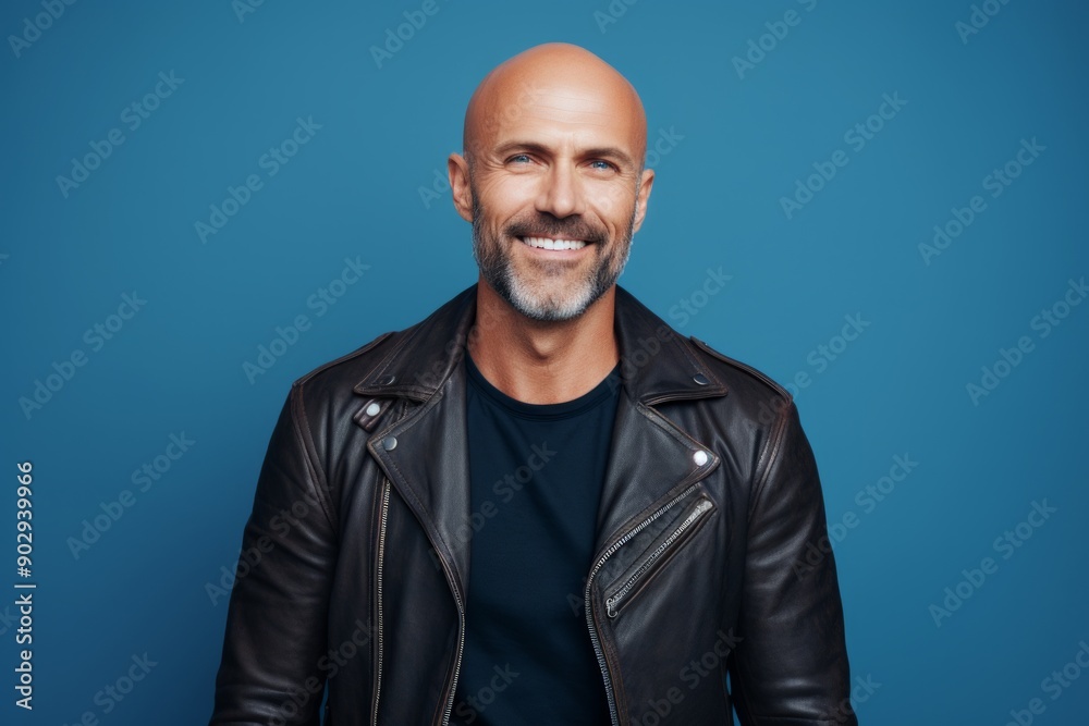 Portrait of a satisfied man in his 40s sporting a classic leather jacket on pastel blue background Portrait of a satisfied man in his 40s sporting a classic leather jacket on pastel blue background