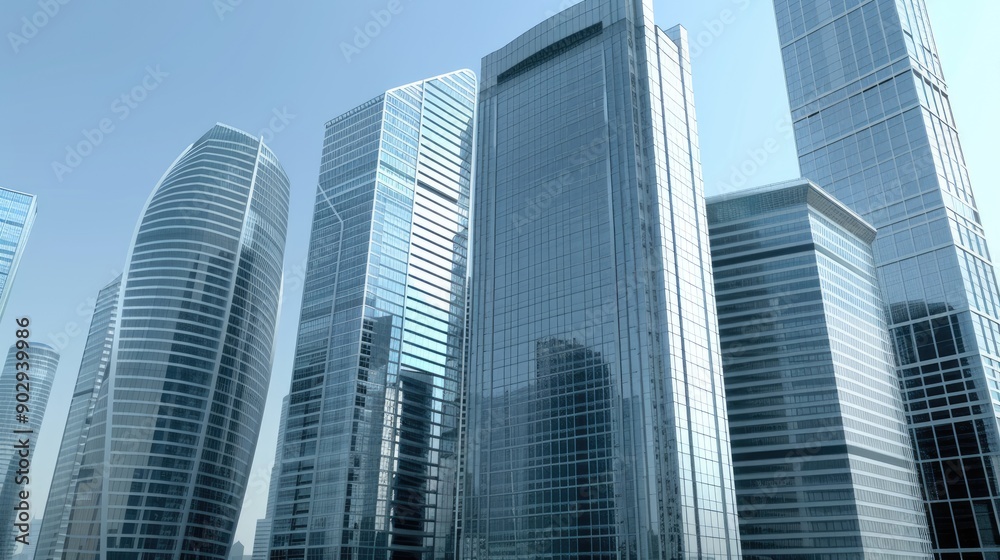 Tall glass skyscrapers rise against a bright blue sky, showcasing modern architecture and urban development in a vibrant city Tall glass skyscrapers rise against a bright blue sky, showcasing modern architecture and urban development in a vibrant city