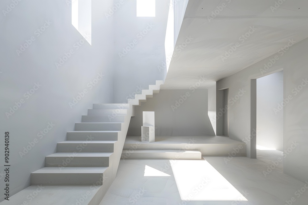 Minimalist Concrete Staircase in a White Room Minimalist Concrete Staircase in a White Room