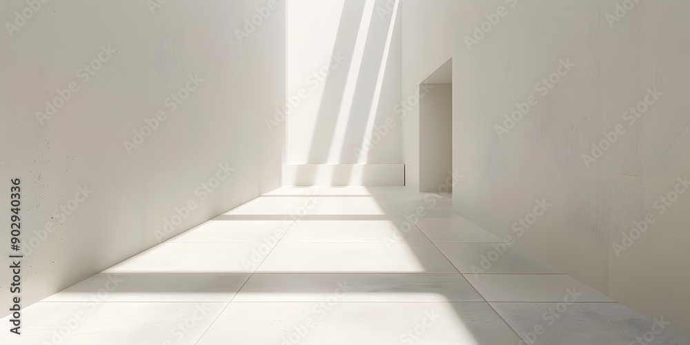 Fototapeta premium Minimalist White Interior Corridor With Sunlight Streaming Through