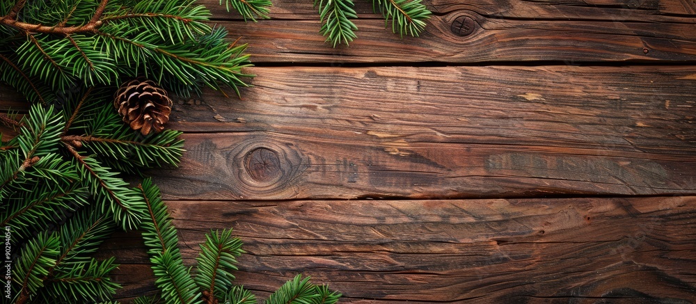 Rustic wood table background with a pine twig Christmas decoration and copy space image