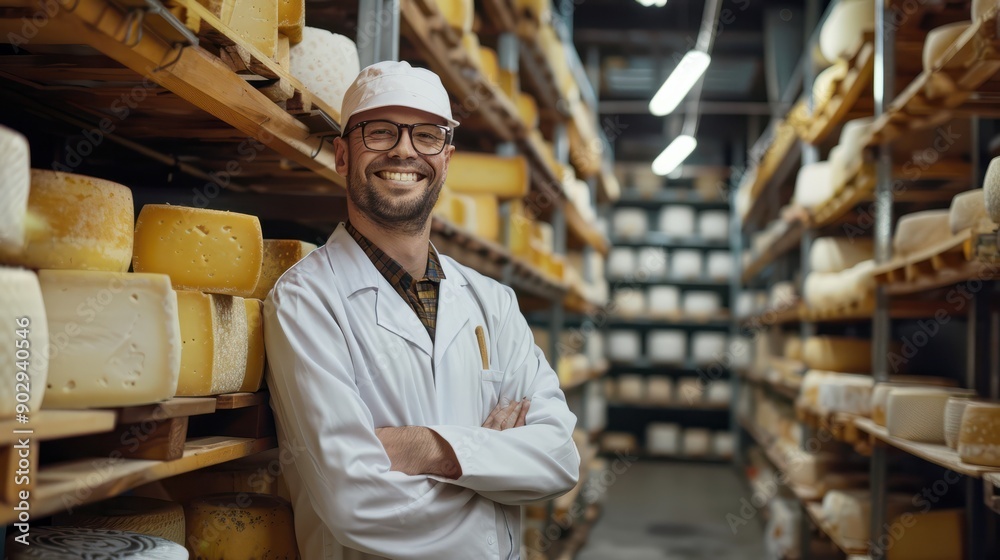 Adult smiling male cheese maker between cheese storage racks Adult smiling male cheese maker between cheese storage racks