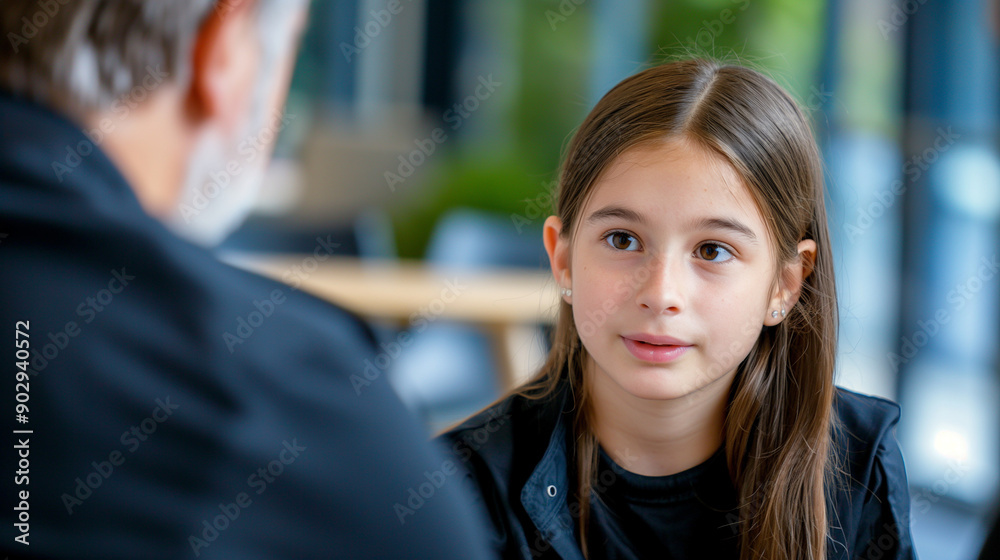A 14 year old girl talks to an adult, view over the shoulder of the adult, the girl has a concerned facial expression