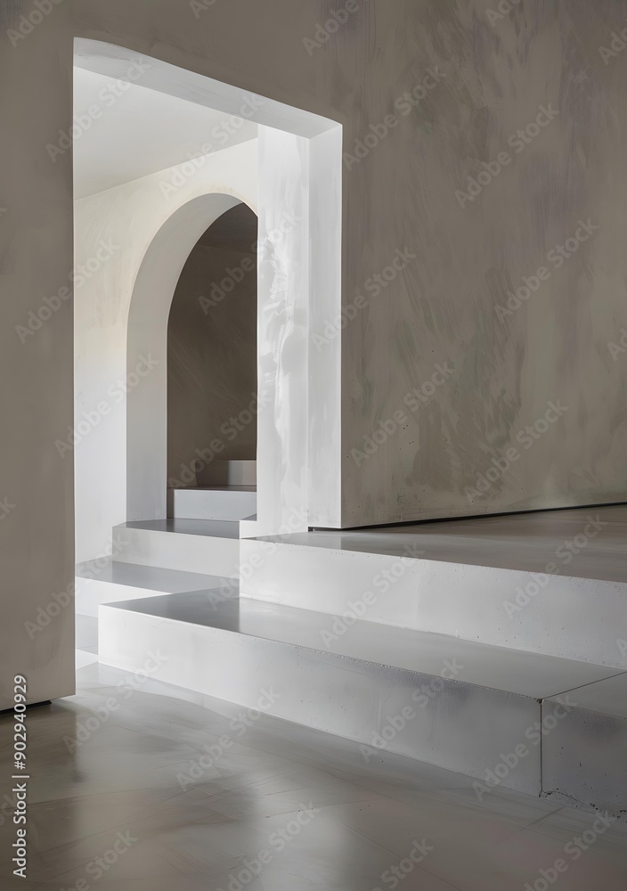 Fototapeta premium Minimalist Interior Design With Concrete Stairs and Archway