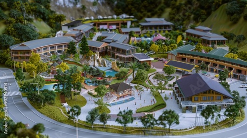 Generate a photo realistic image of a maquette representing a tourist destination with hotels, resorts, and tourist attractions; ensure the image is of high resolution for clear and detailed quality, photo