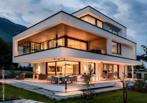 Modern Luxury Home with Large Windows and Outdoor Patio