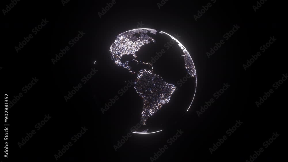 3D animation of rotating Earth globe with flickering light and glowing particles on black background , 4K animated news template and intro