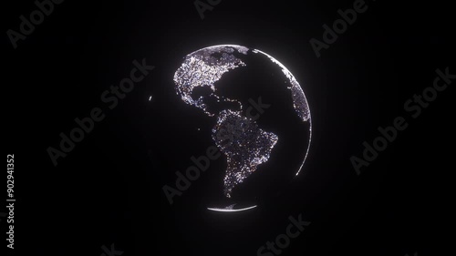 3D animation of rotating Earth globe with flickering light and glowing particles on black background , 4K animated news template and intro