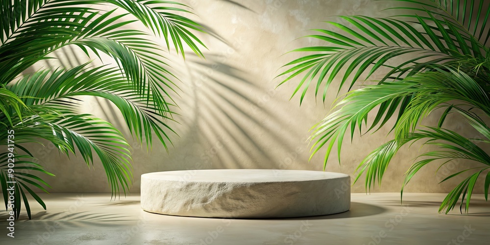 Empty stone podium with natural rock and palm leaves background in render, podium, stone, natural, rock, palm leaves Empty stone podium with natural rock and palm leaves background in render, podium, stone, natural, rock, palm leaves